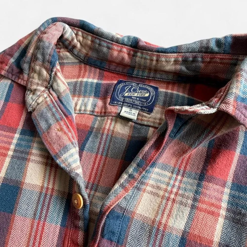 Vintage J.Crew Men's Red Cream Blue Pullover Plaid Button Up Collared Shirt